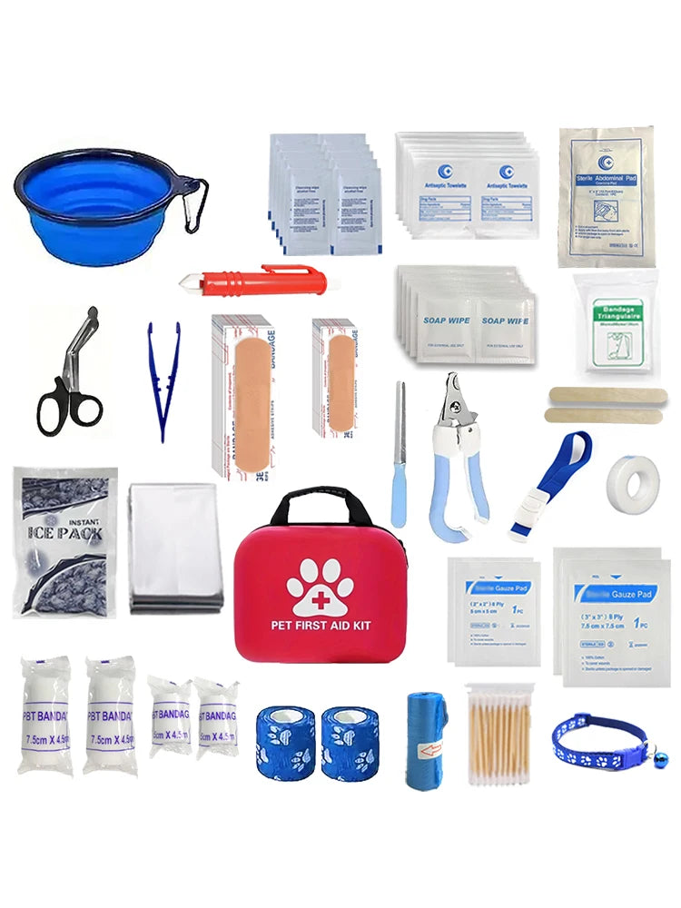 A comprehensive pet first aid kit with scissors, tweezers, tourniquets, sterile gauze and other medical and first aid supplies